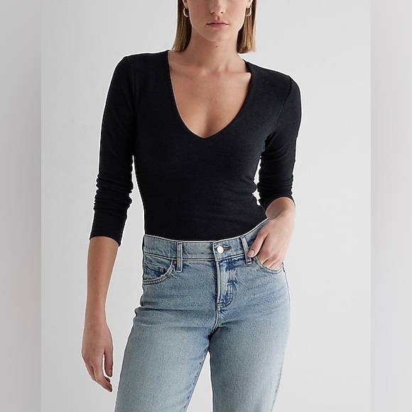 Express Black Body Contour Compression V-Neck Long Sleeve Bodysuit size Small - Picture 2 of 10